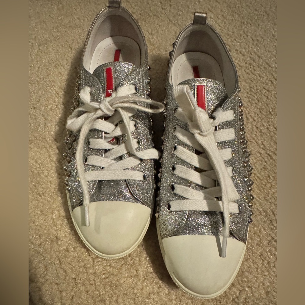 Prada Silver and White Sneakers with Sparkly Design